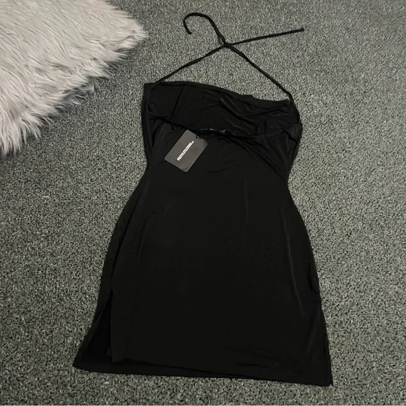 PRETTYLITTLETHING Black Slinky Halter-neck Cowl Neck Bodycon Mini Dress size 8 - Picture 16 of 16